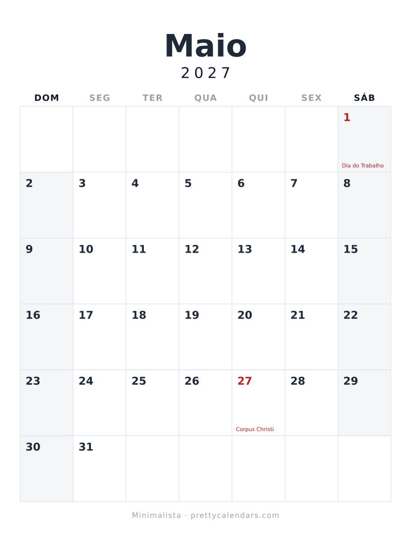 Calendário de Maio de 2027 para imprimir, estilo Minimalista