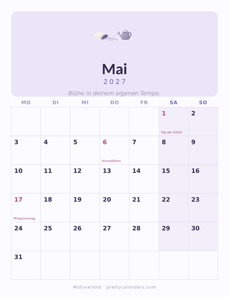 Druckbarer Kalender Mai 2027, Design Motivierend