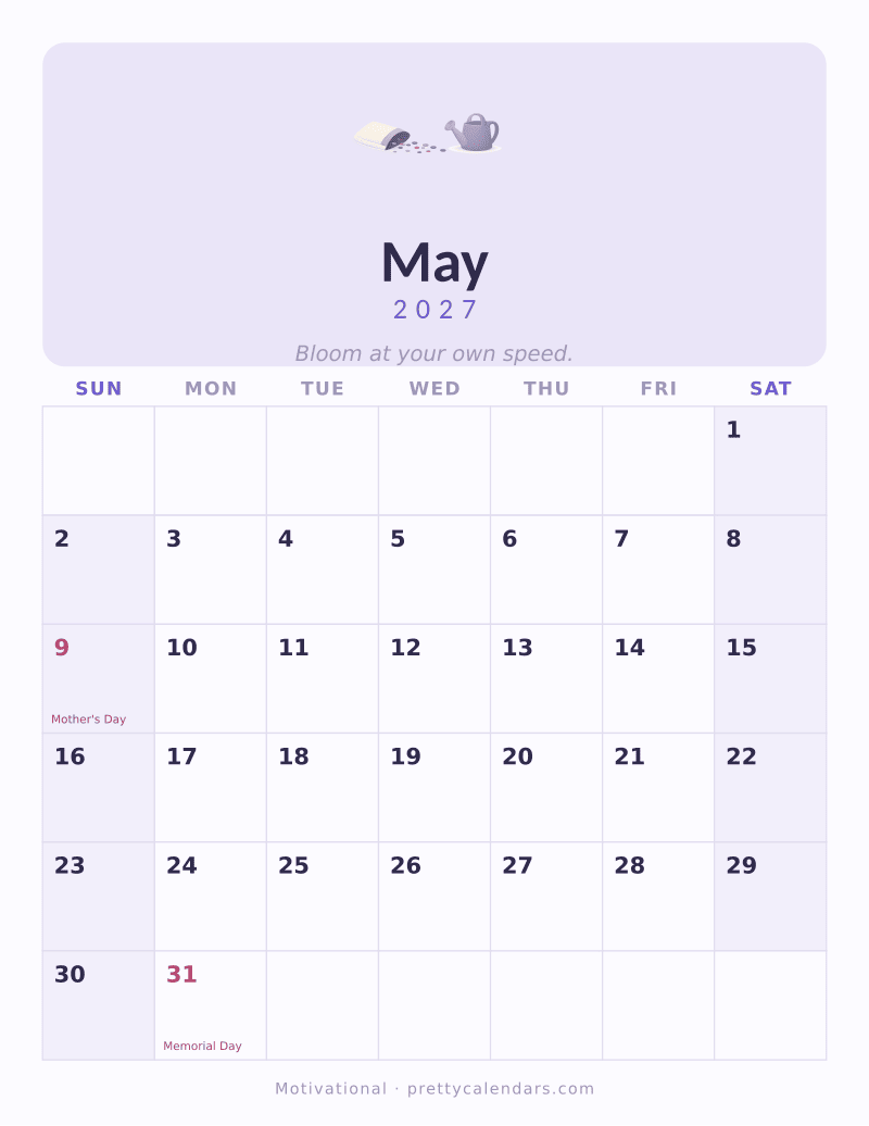 May 2027 printable calendar, Motivational style