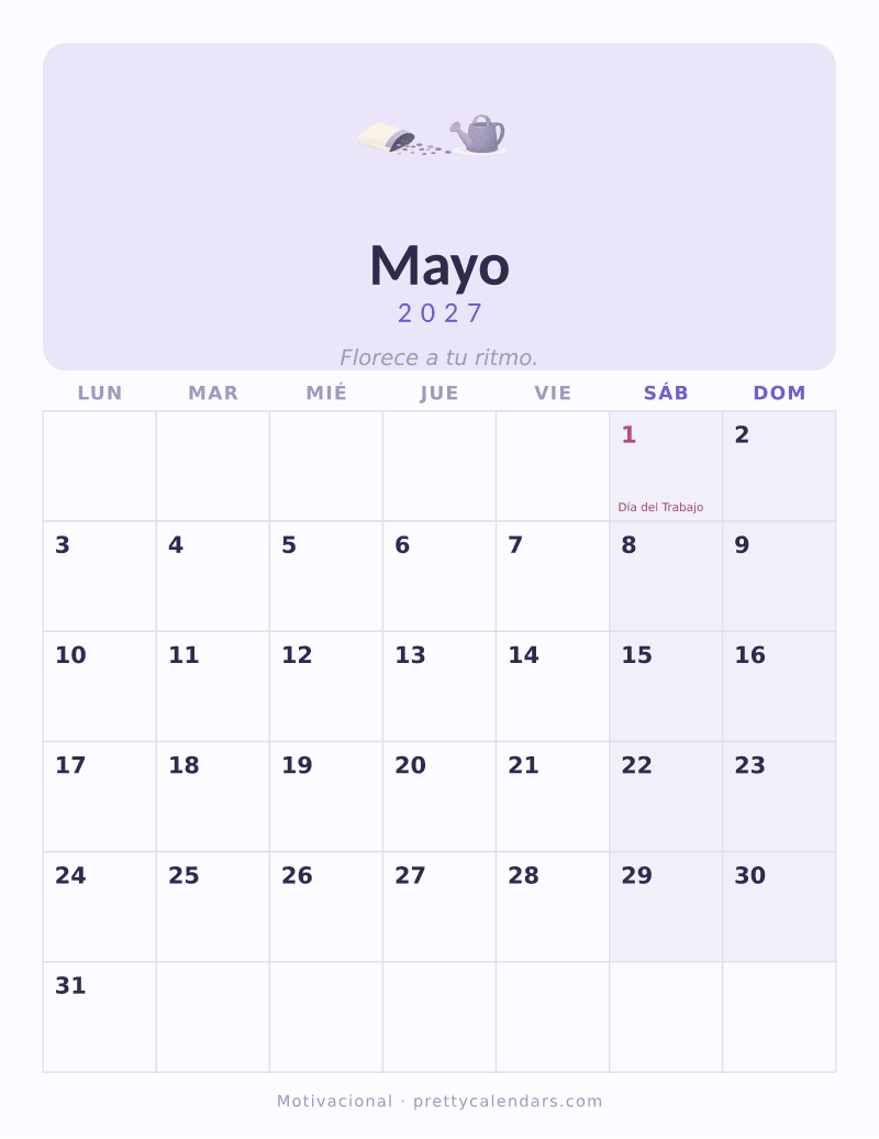 Calendario de Mayo 2027 para imprimir, estilo Motivacional