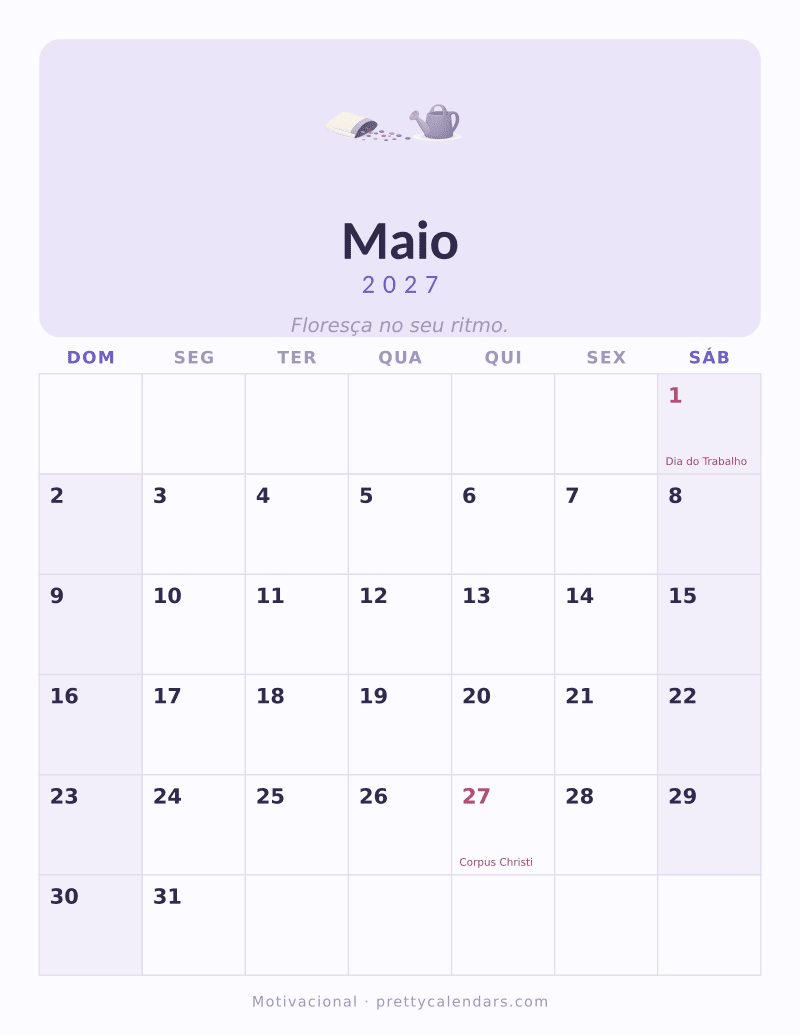 Calendário de Maio de 2027 para imprimir, estilo Motivacional