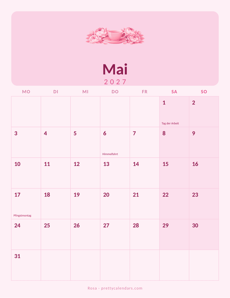Druckbarer Kalender Mai 2027, Design Rosa