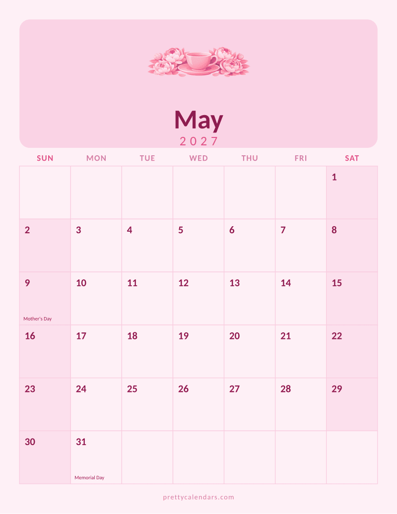 May 2027 printable calendar, Pink style