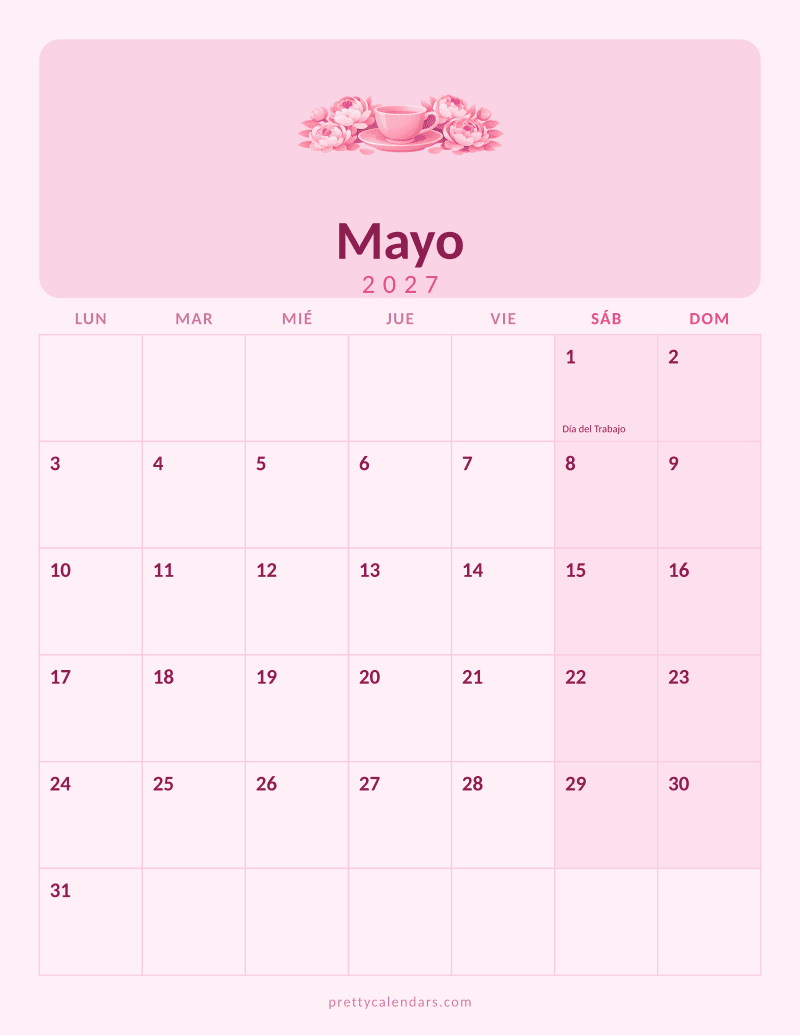 Calendario de Mayo 2027 para imprimir, estilo Rosa