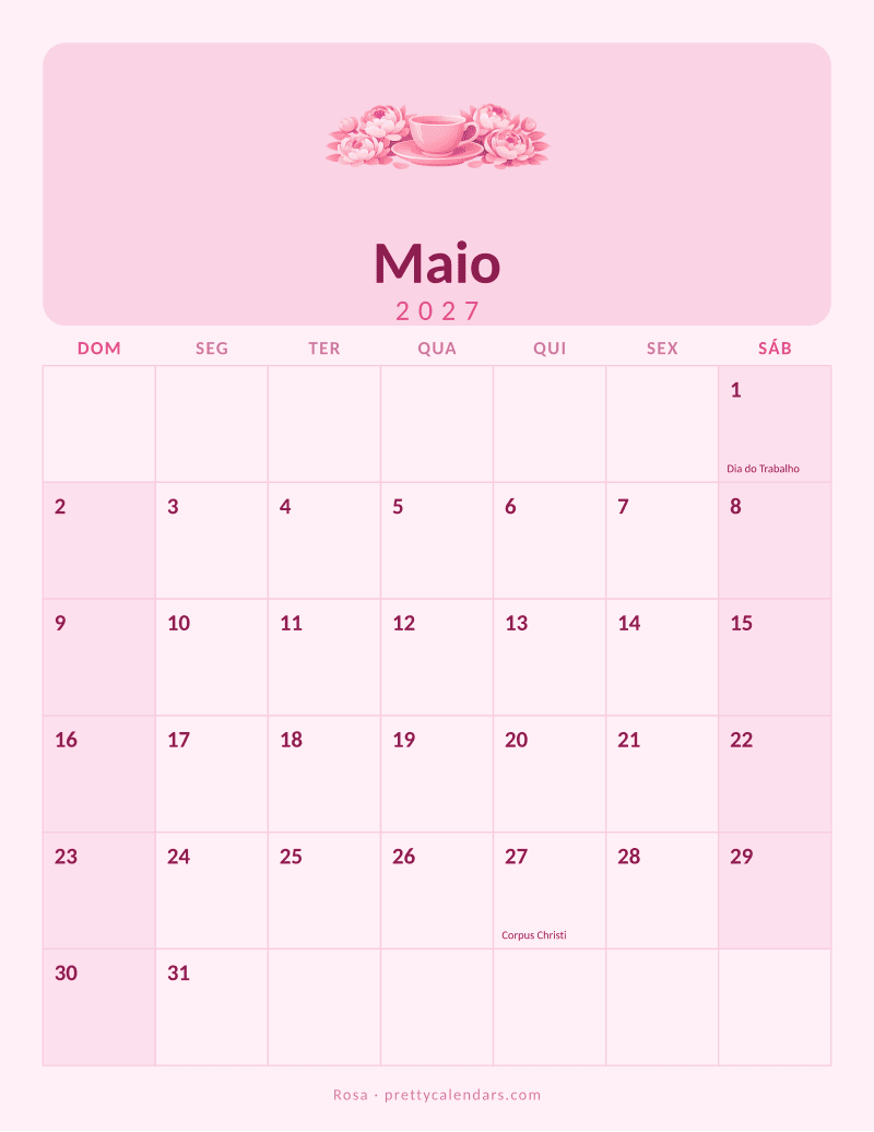 Calendário de Maio de 2027 para imprimir, estilo Rosa