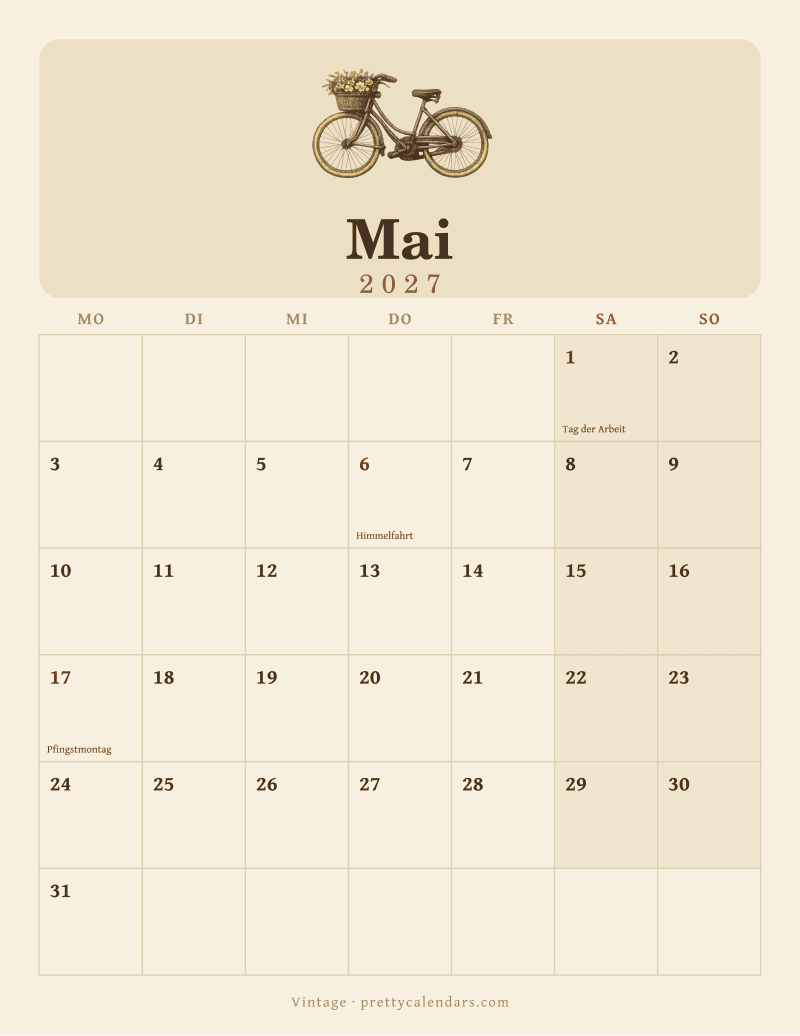 Druckbarer Kalender Mai 2027, Design Vintage