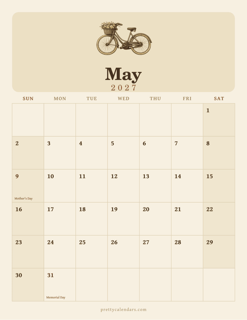May 2027 printable calendar, Vintage style
