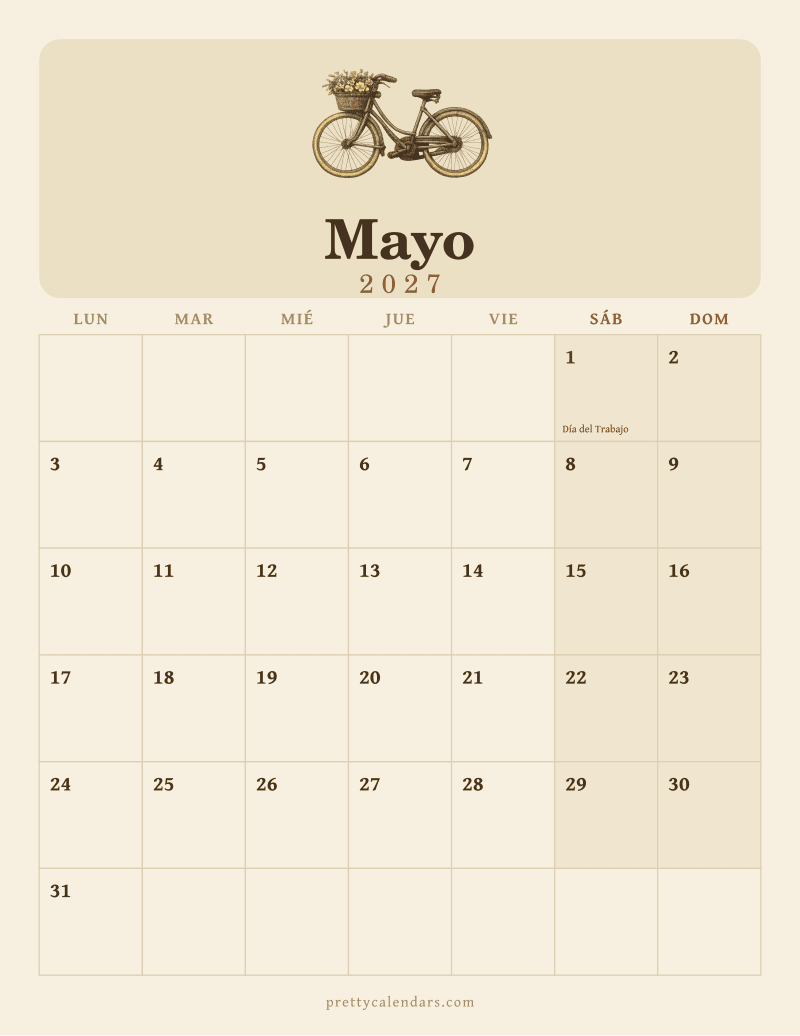 Calendario de Mayo 2027 para imprimir, estilo Vintage