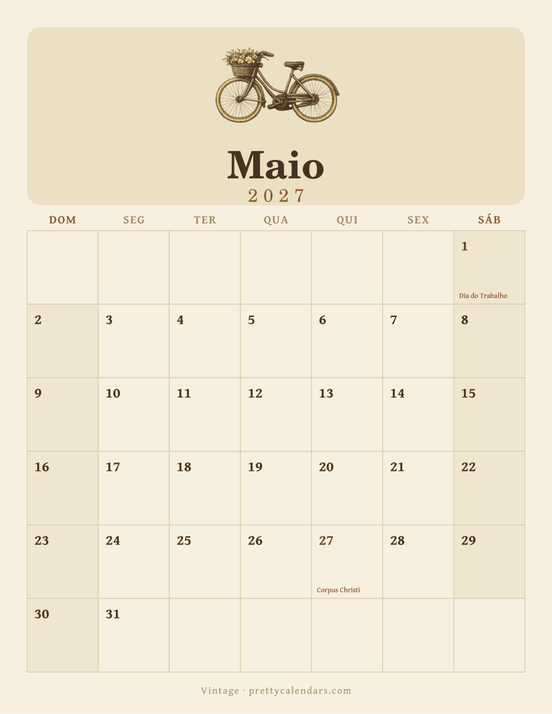 Calendário de Maio de 2027 para imprimir, estilo Vintage