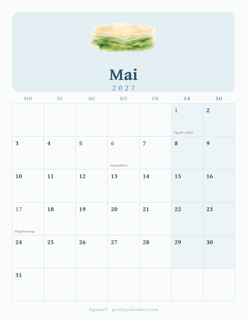 Druckbarer Kalender Mai 2027, Design Aquarell