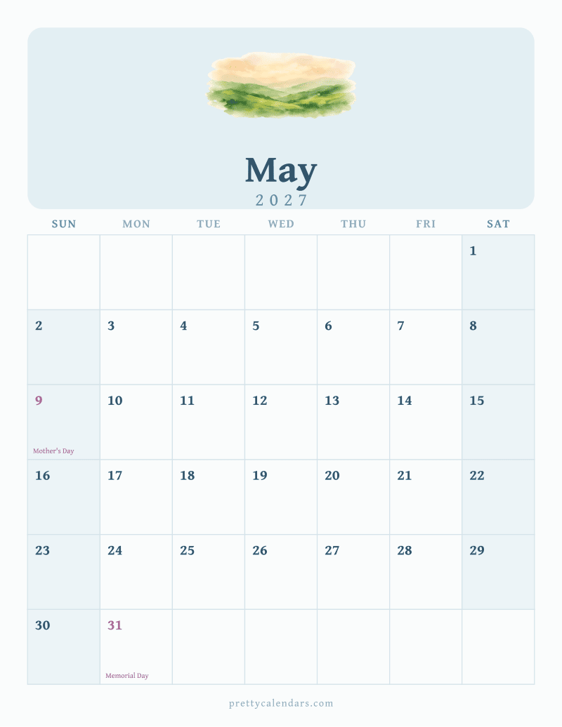 May 2027 printable calendar, Watercolor style