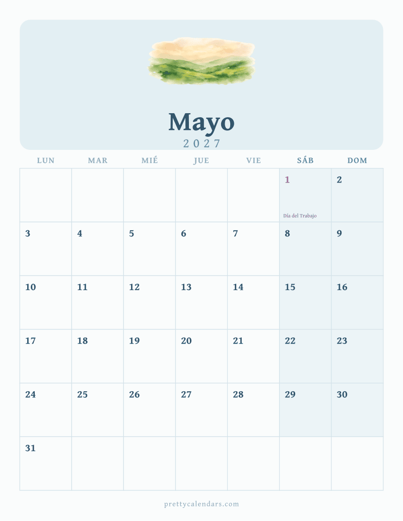 Calendario de Mayo 2027 para imprimir, estilo Acuarela