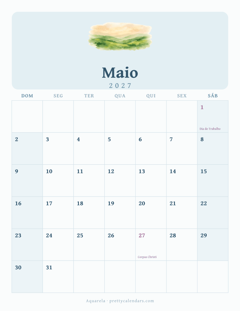 Calendário de Maio de 2027 para imprimir, estilo Aquarela