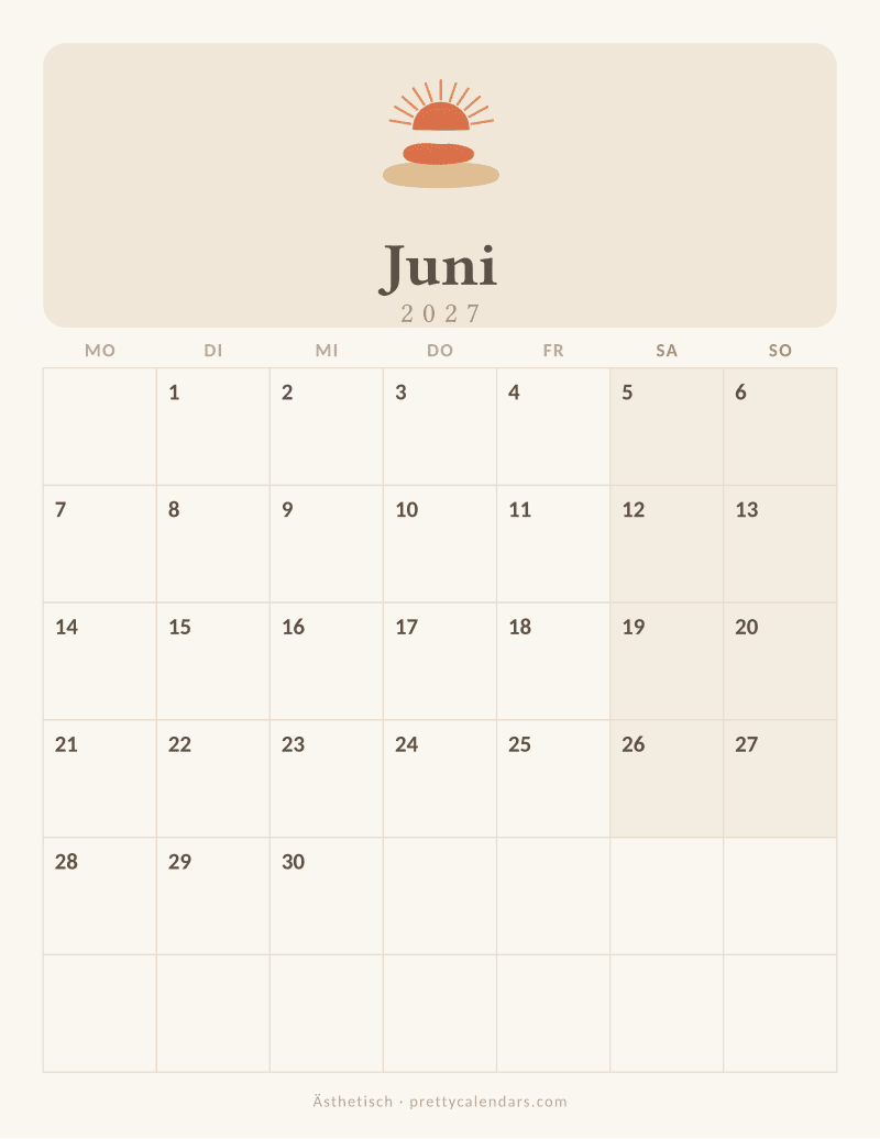 Druckbarer Kalender Juni 2027, Design Ästhetisch
