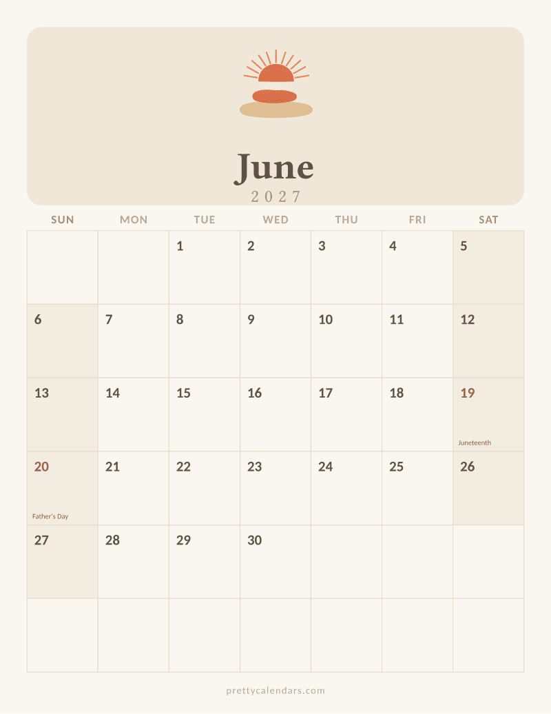 June 2027 printable calendar, Aesthetic style