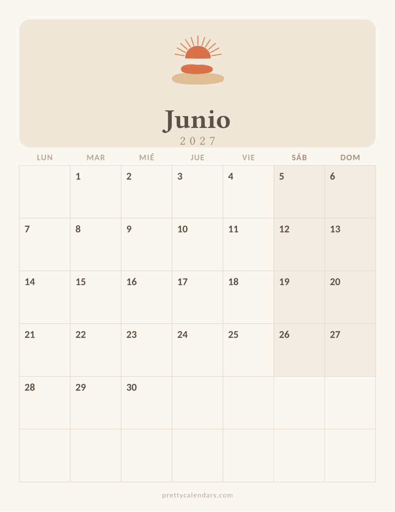 Calendario de Junio 2027 para imprimir, estilo Aesthetic