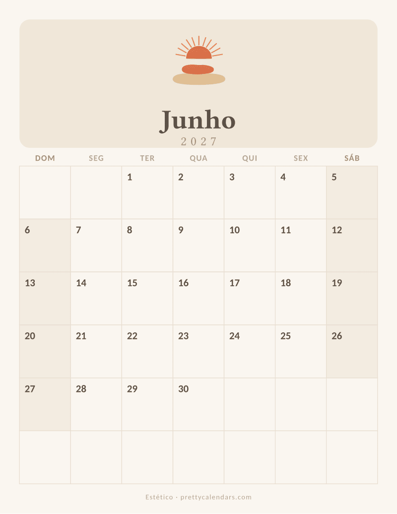 Calendário de Junho de 2027 para imprimir, estilo Estético