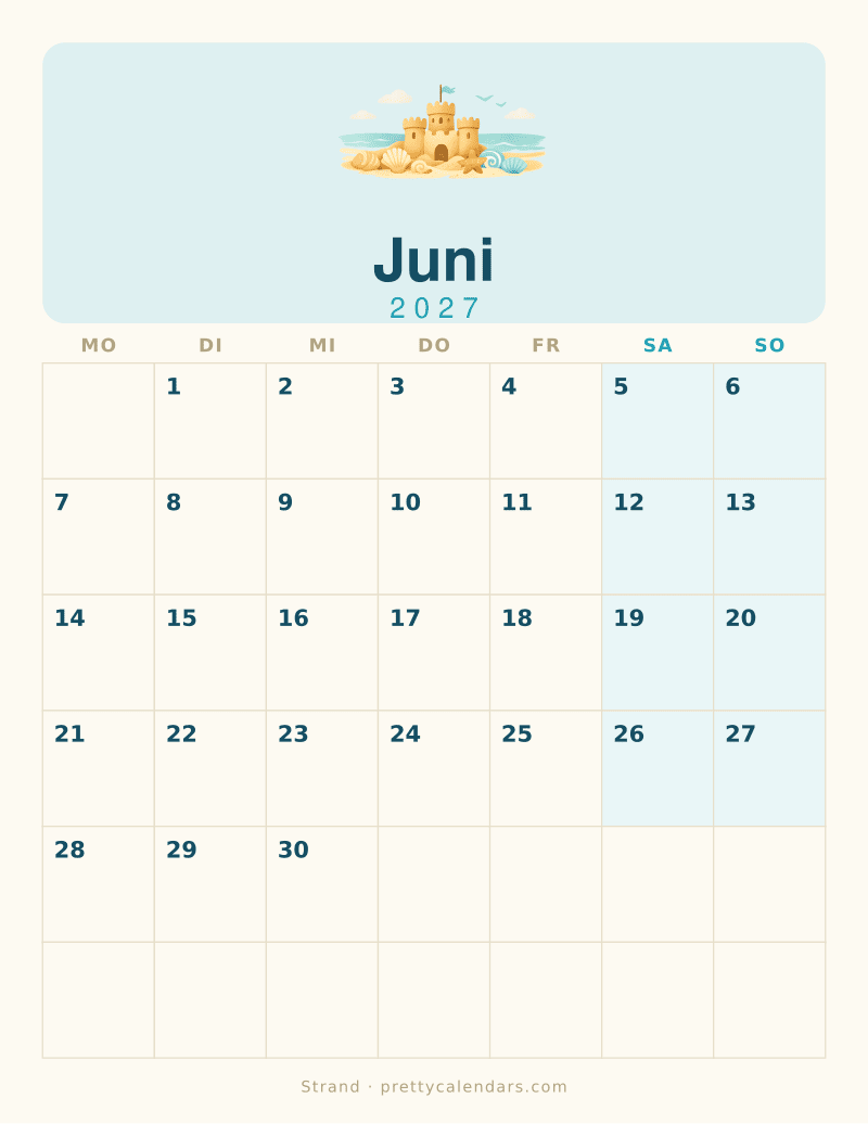 Druckbarer Kalender Juni 2027, Design Strand