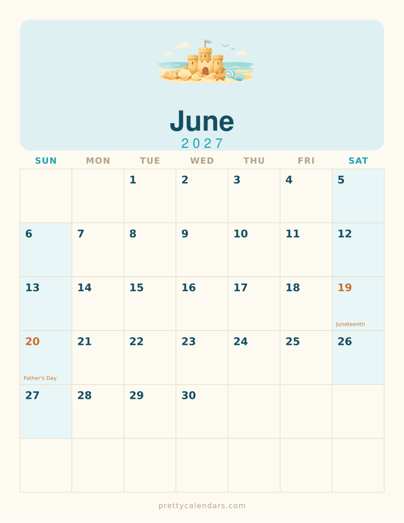 June 2027 printable calendar, Beach style