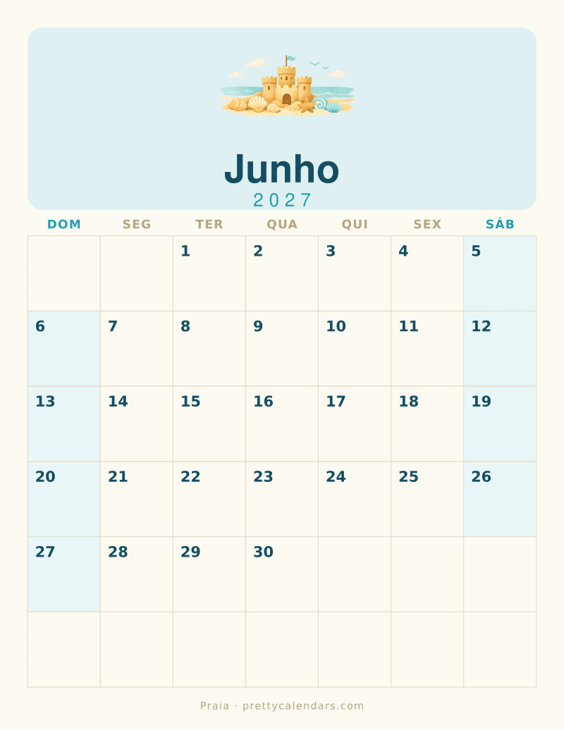 Calendário de Junho de 2027 para imprimir, estilo Praia