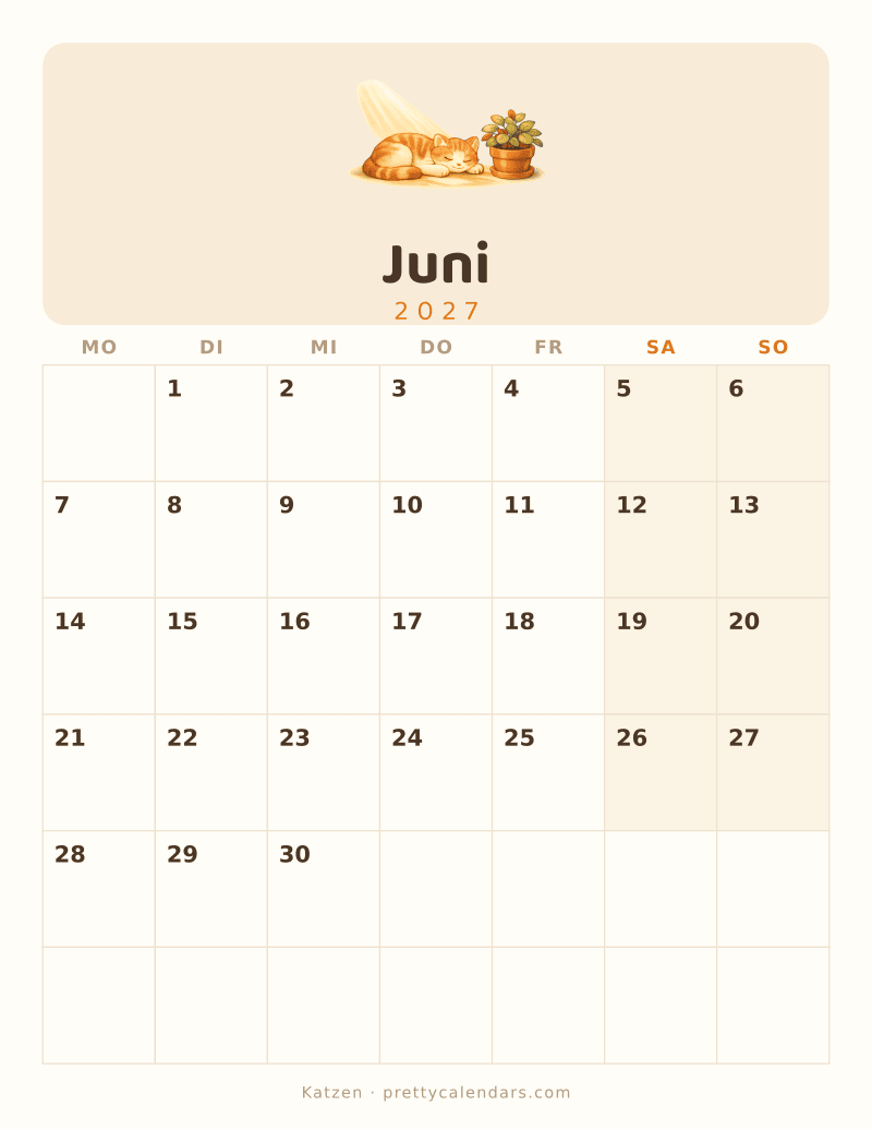 Druckbarer Kalender Juni 2027, Design Katzen