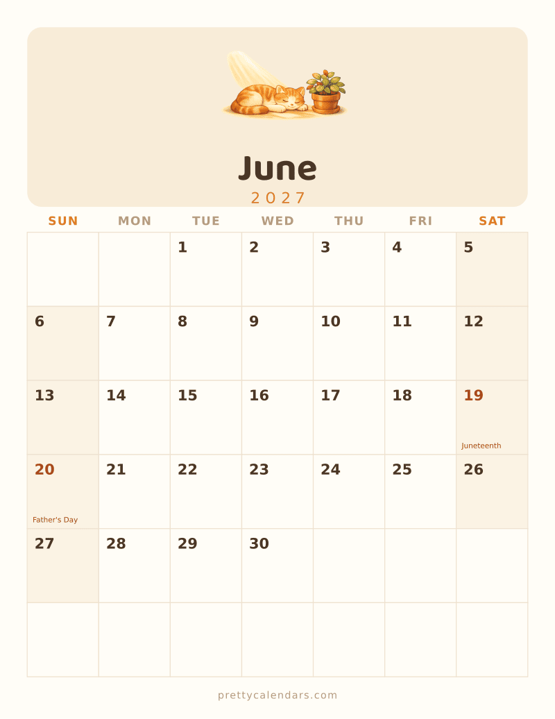 June 2027 printable calendar, Cat style