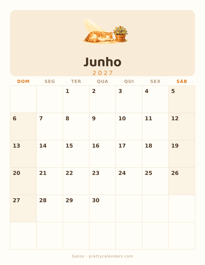 Calendário de Junho de 2027 para imprimir, estilo Gatos