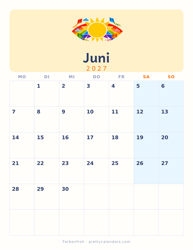 Druckbarer Kalender Juni 2027, Design Farbenfroh