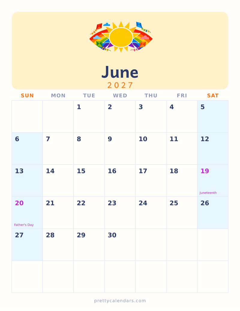 June 2027 printable calendar, Colorful style