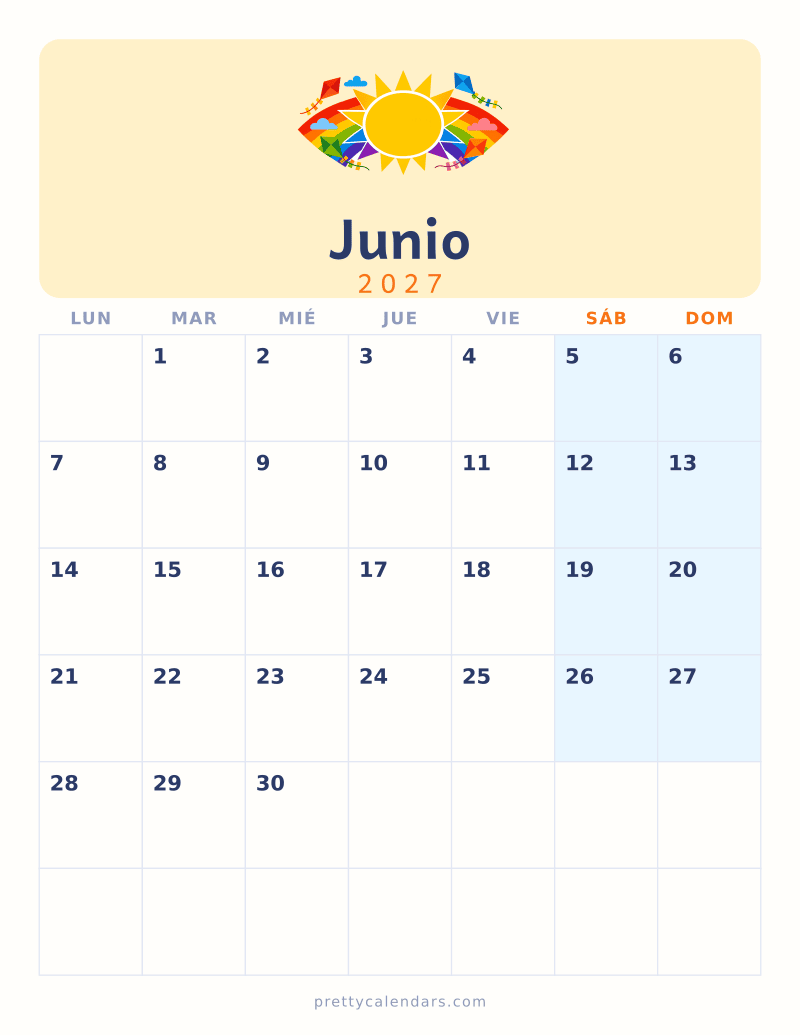 Calendario de Junio 2027 para imprimir, estilo Colorido