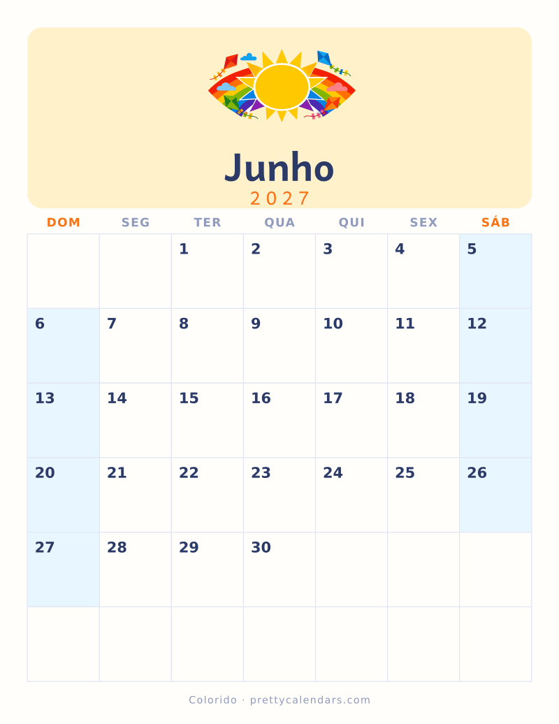 Calendário de Junho de 2027 para imprimir, estilo Colorido
