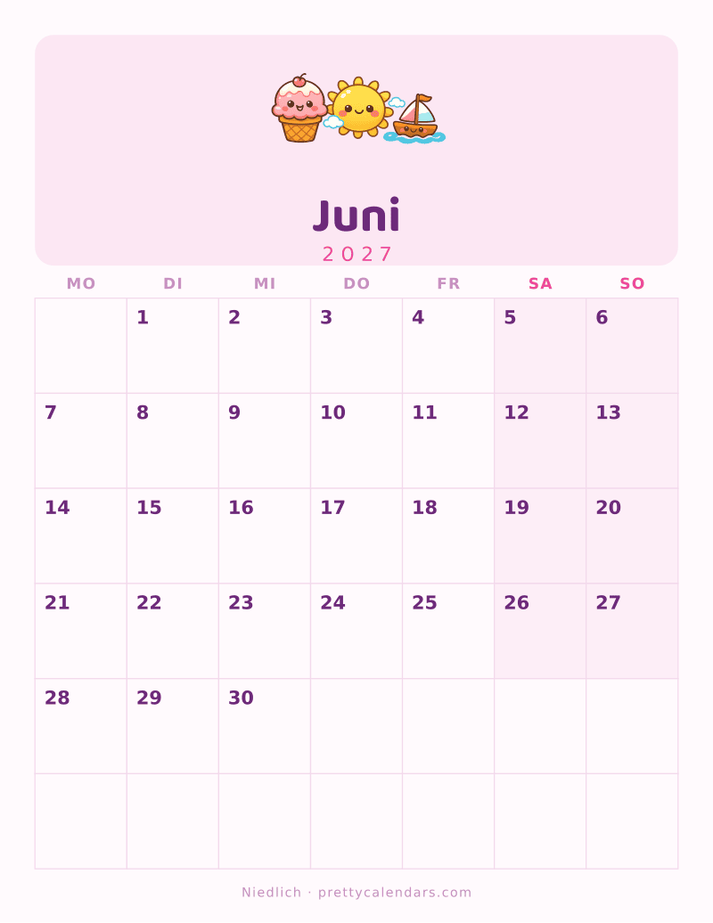 Druckbarer Kalender Juni 2027, Design Niedlich