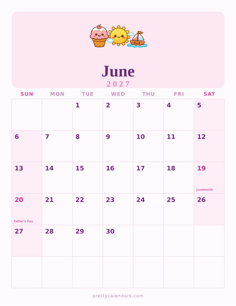 June 2027 printable calendar, Cute style