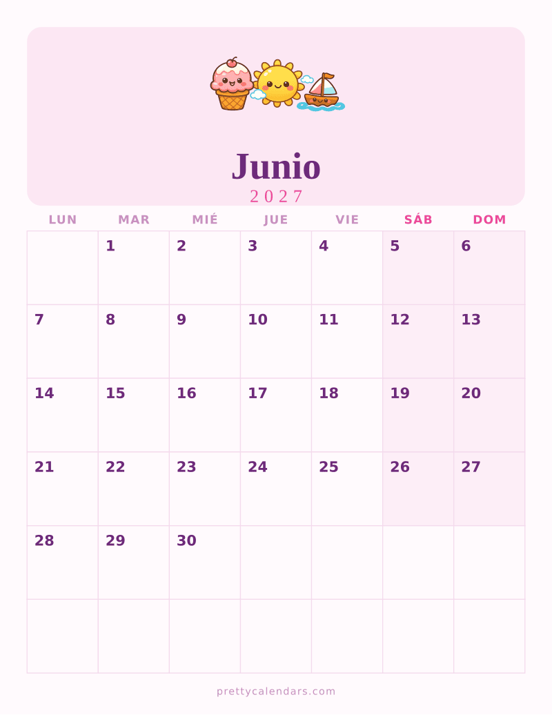 Calendario de Junio 2027 para imprimir, estilo Bonito