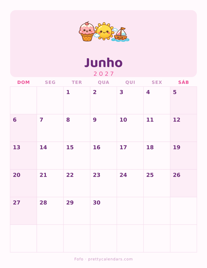 Calendário de Junho de 2027 para imprimir, estilo Fofo