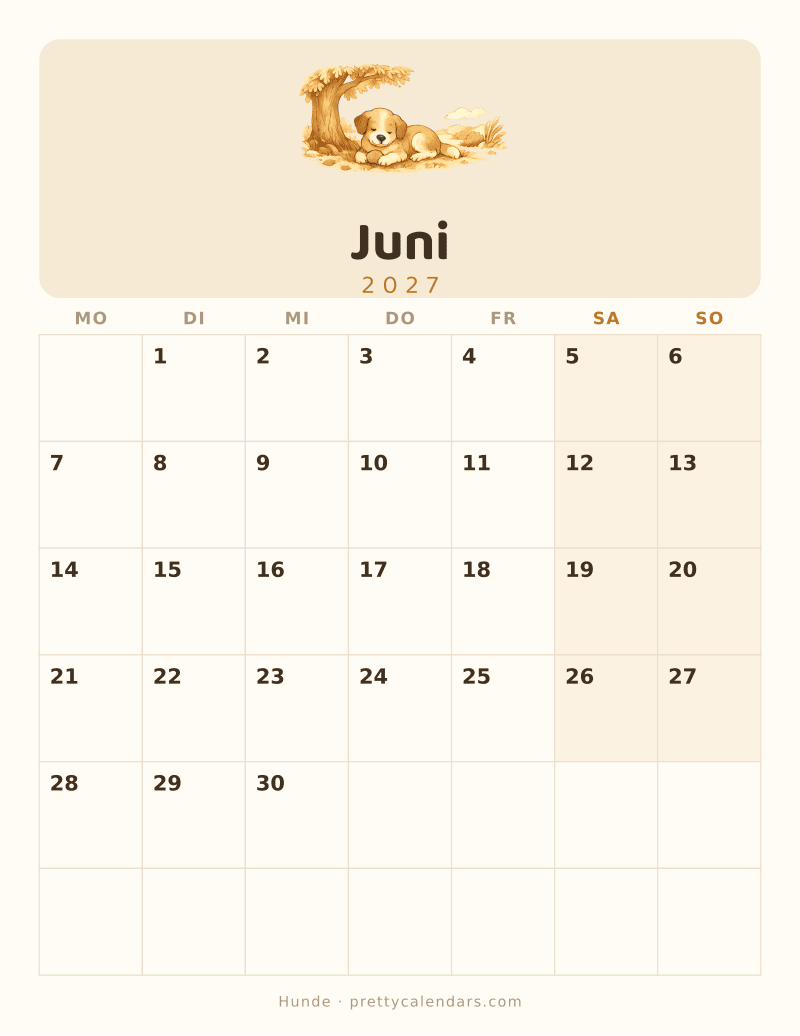 Druckbarer Kalender Juni 2027, Design Hunde