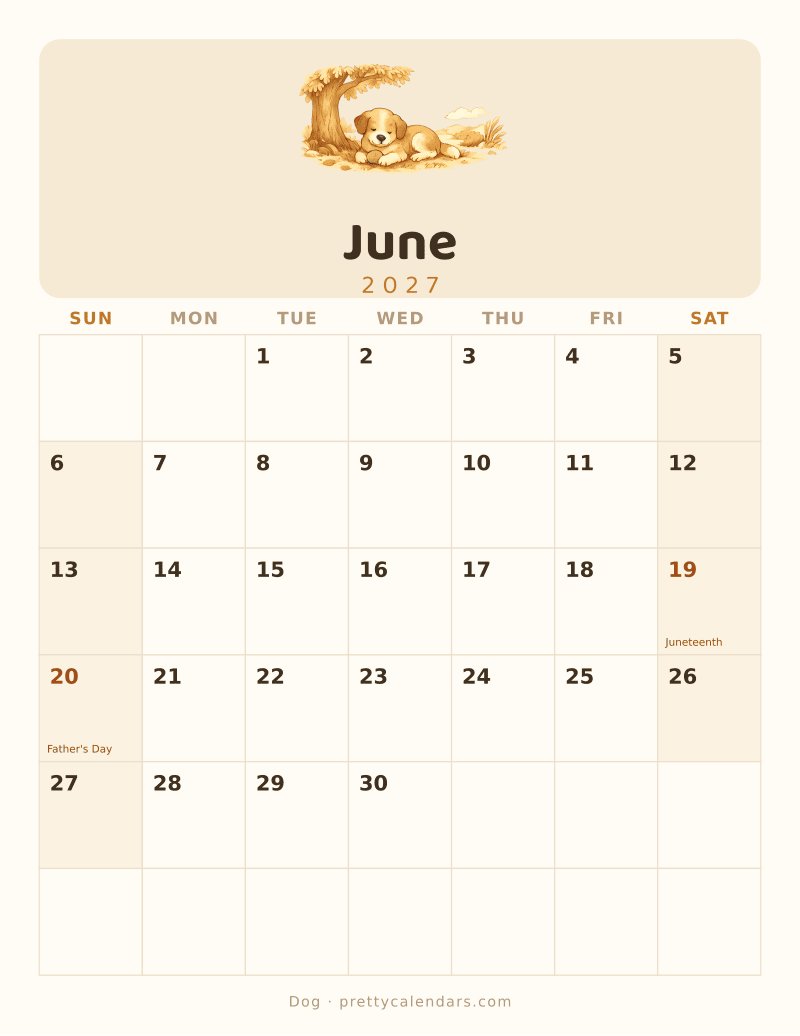 June 2027 printable calendar, Dog style