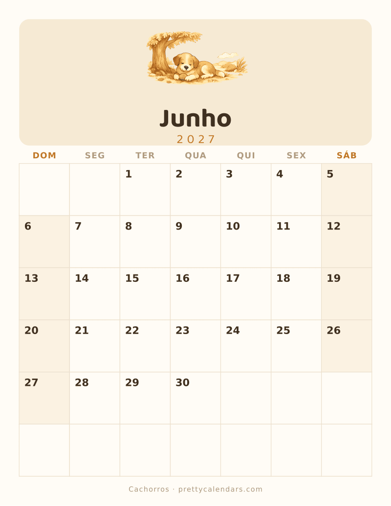 Calendário de Junho de 2027 para imprimir, estilo Cachorros