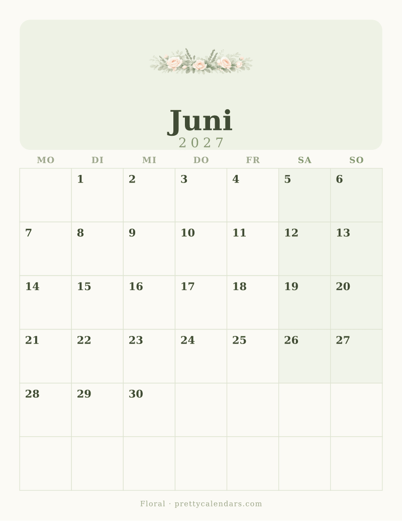 Druckbarer Kalender Juni 2027, Design Floral