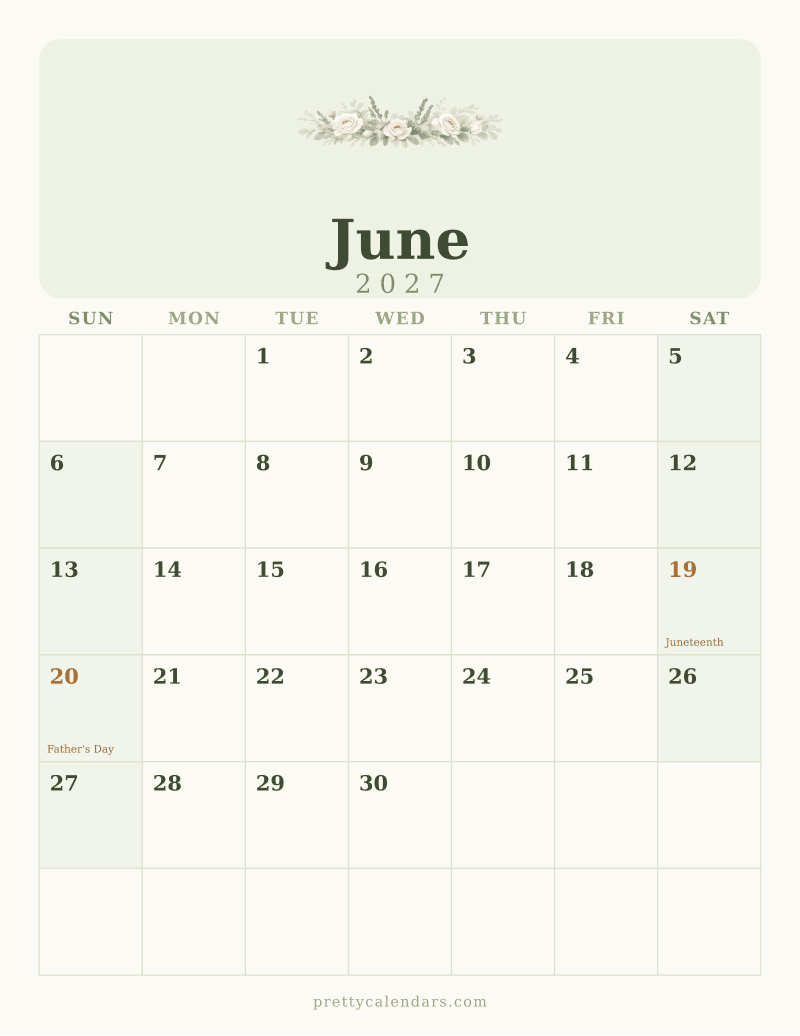 June 2027 printable calendar, Floral style