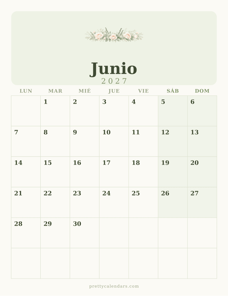 Calendario de Junio 2027 para imprimir, estilo Floral