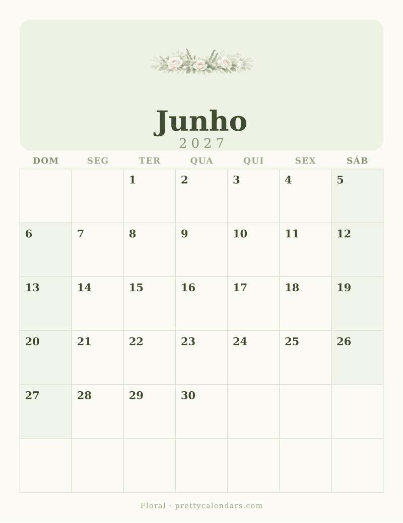 Calendário de Junho de 2027 para imprimir, estilo Floral