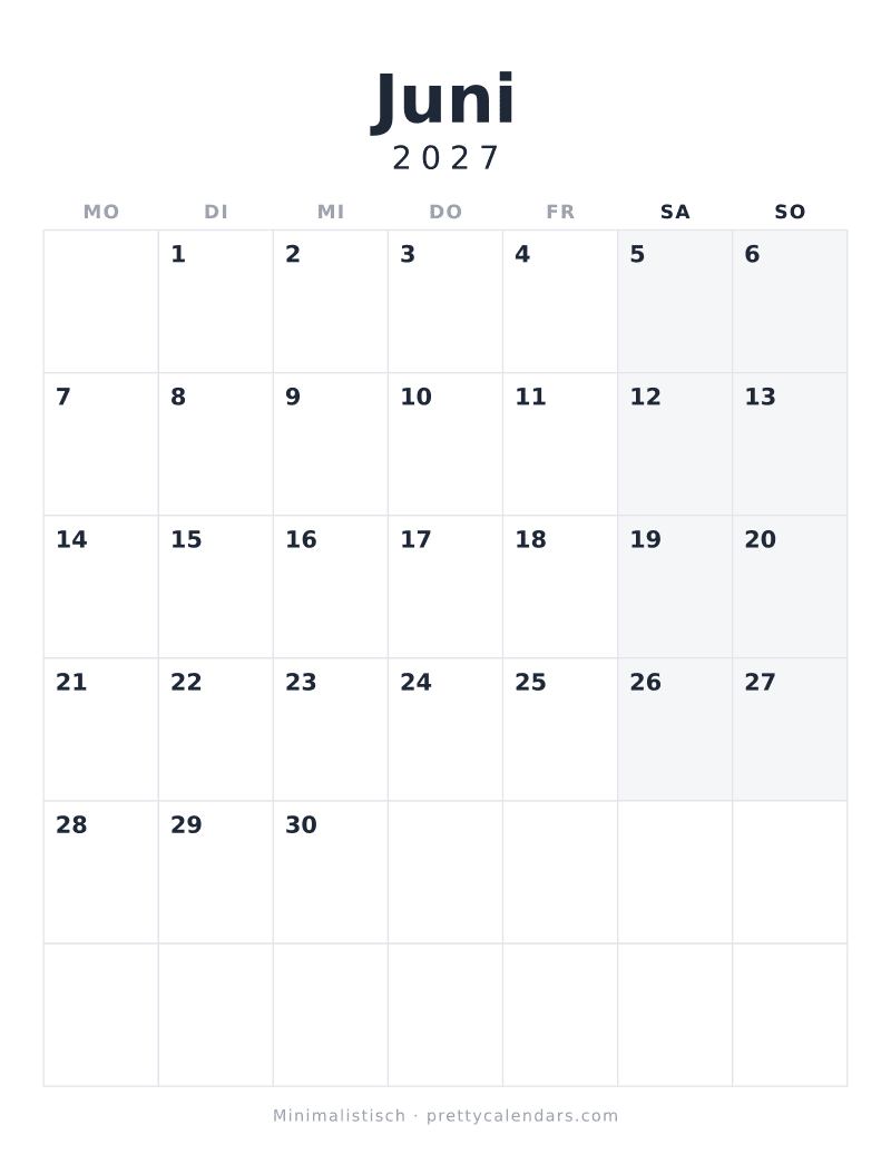 Druckbarer Kalender Juni 2027, Design Minimalistisch
