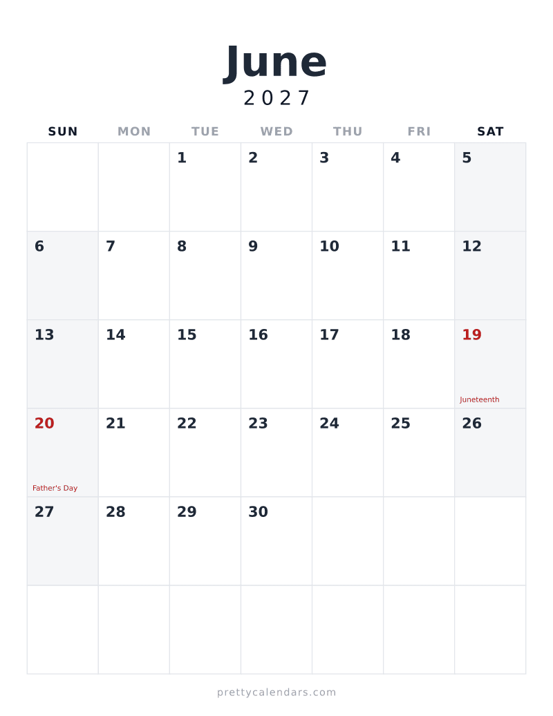 June 2027 printable calendar, Minimalist style