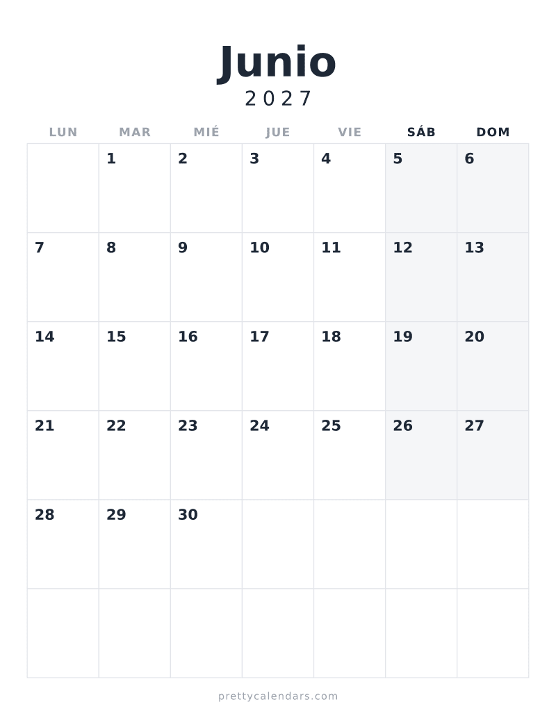 Calendario de Junio 2027 para imprimir, estilo Minimalista