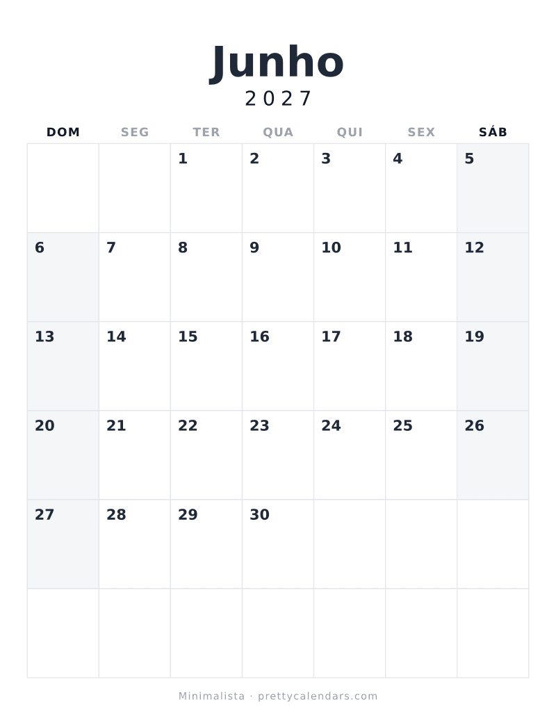 Calendário de Junho de 2027 para imprimir, estilo Minimalista