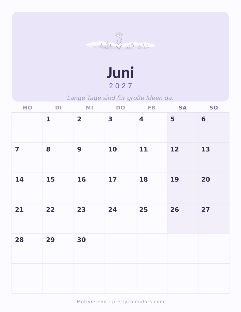 Druckbarer Kalender Juni 2027, Design Motivierend