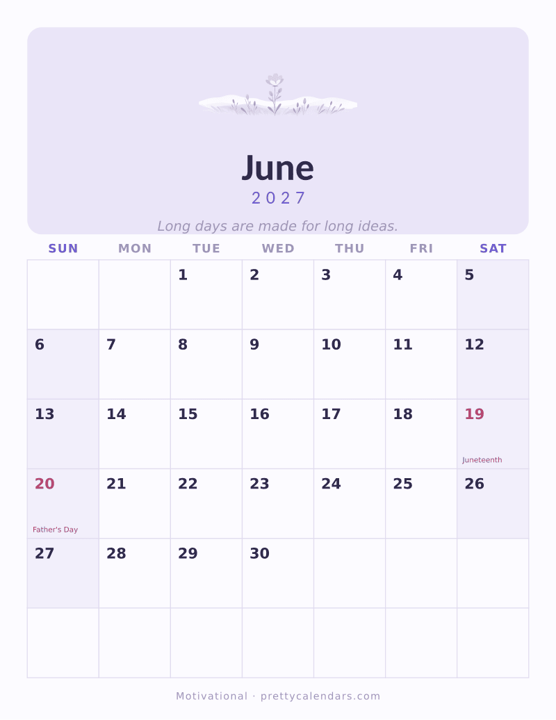 June 2027 printable calendar, Motivational style
