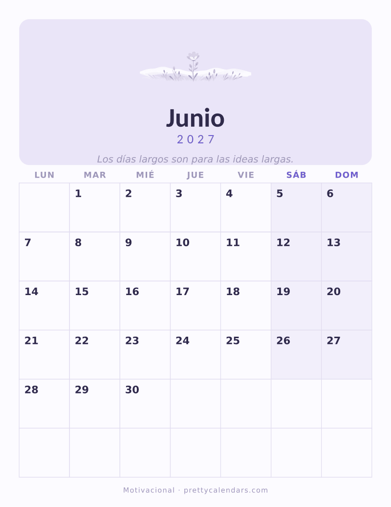 Calendario de Junio 2027 para imprimir, estilo Motivacional