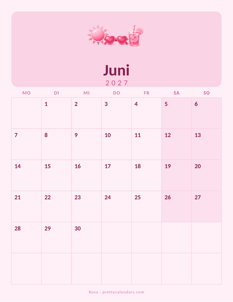 Druckbarer Kalender Juni 2027, Design Rosa